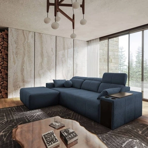 Narożnik z funkcją spania Tesalia niebieski lewostronny nowoczesny design komfortowe przesuwane oparcie szuflada w boczku mebla