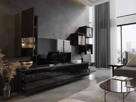 Meblościanka Peritia czarna / czarny połysk minimalistyczny design meblościanka do salonu lub pokoju dziennego system push to open