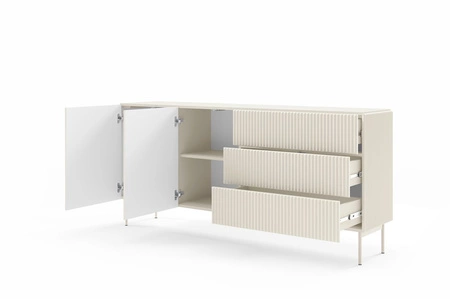 Zestaw mebli Muti beżowy designerska meblościanka do salonu efektowne ryflowania na frontach i korpusach mebli system push to open