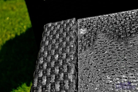 Zestaw mebli ogrodowych Unico czarny niezwykle elegancki zestaw z sofą i fotelami idealne meble do ogrodu funkcjonalny stolik z półką