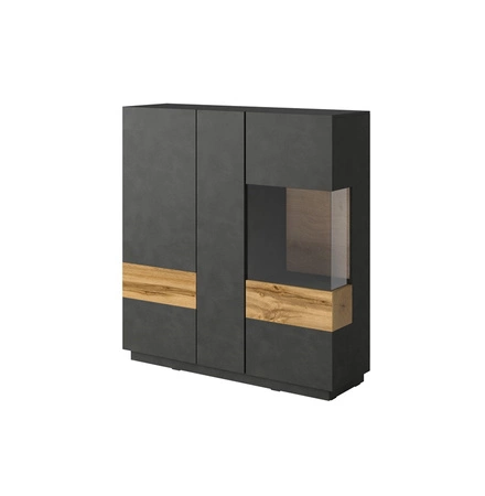 Komoda wysoka Silke 130 cm matera / dąb wotan minimalistyczny design komoda z przeszkleniem idealna do salonu i jadalni