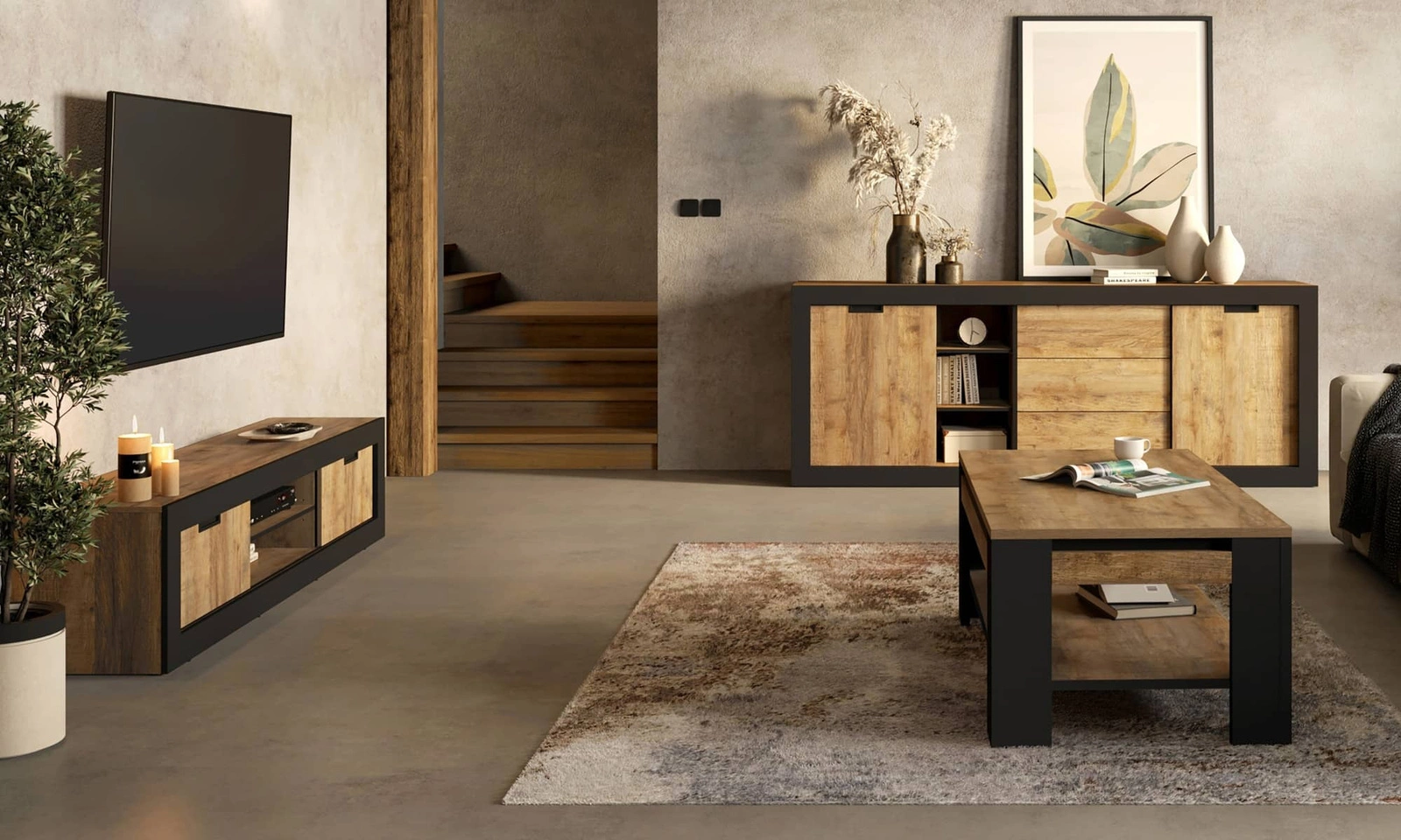 Komoda z szufladami i drzwiami przesuwnymi Tudor dąb samdal / czarny 