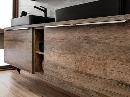 Zestaw mebli łazienkowych Santa Fe dąb vintage zestaw mebli z szafkami pod umywalki nablatowe metalowe uchwyty krawędziowe