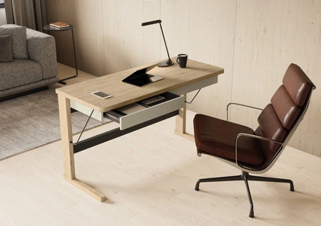 Biurko Ollie 131 cm dąb olejowany / beżowy / czarny designerskie biurko z szufladami i ergonomicznym blatem do domowego biura