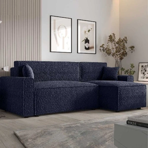 Narożnik z funkcją spania Brandon Bis granatowy prawostronny miękka tkanina o charakterystycznej pętelkowej powierzchni pojemnik na pościel