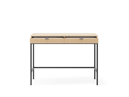 Konsola Lovro dąb vicenza z szufladami stylowy oraz funkcjonalny mebel do przedpokoju salonu czy biura kontrastowe czarne dodatki