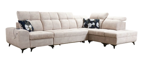 Narożnik z funkcją spania Buffalo XI beżowy prawostronny stylowy narożnik rozkładany z trzema pojemnikami na pościel welurowa tkanina