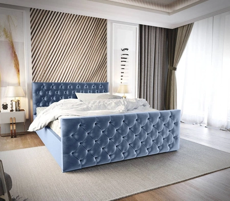 Łóżko tapicerowane Viamao 180x200 błękitne z pojemnikiem w nowoczesnym skandynawskim stylu z pikowanym wezgłowiem oraz zanóżkiem 