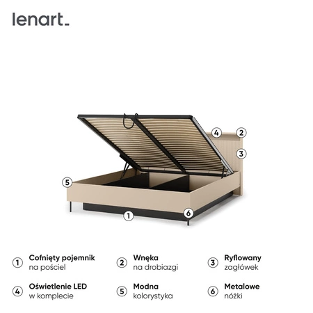 Łóżko Trend 160x200 cm beżowe komfortowe łóżko do sypialni z pojemnikiem designerski ryflowany zagłówek wzbogacony o oświetlenie LED