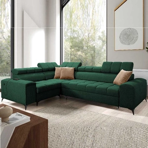 Narożnik z funkcją spania Bolmso II zielony lewostronny narożnik z pojemnikiem na pościel szuflada z pełnym wysuwem w boczku mebla