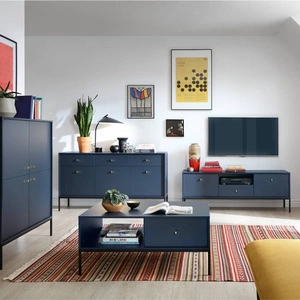 Zestaw mebli Mono granatowy minimalistyczny design meblościanka do salonu lub pokoju dziennego stylowy złoty uchwyt