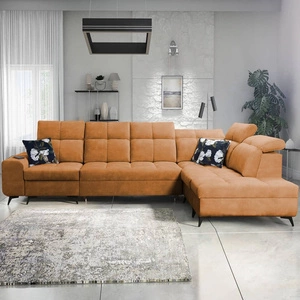 Narożnik z funkcją spania Buffalo XI miodowy prawostronny stylowy narożnik rozkładany z trzema pojemnikami na pościel welurowa tkanina