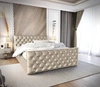 Łóżko tapicerowane Viamao 140x200 beżowe z pojemnikiem w nowoczesnym skandynawskim stylu z pikowanym wezgłowiem oraz zanóżkiem 