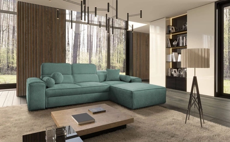 Narożnik z funkcją spania Viano patynowy prawostronny stylowy narożnik o ciekawym kształcie regulowane zagłówki ozdobne poduszki