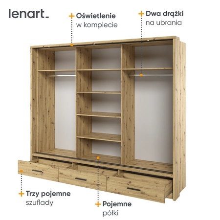 Szafa przesuwna z lustrem Arti 250 cm dąb artisan funkcjonalna szafa do przedpokoju z szufladami duże lustra podkreśla oświetlenie LED