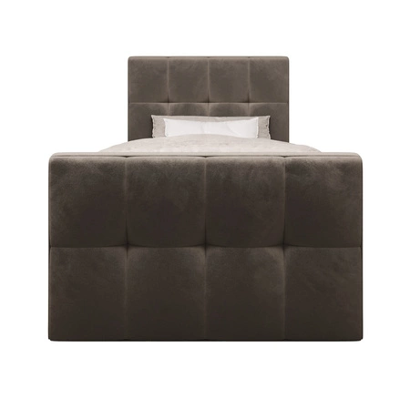 Łóżko kontynentalne Manhattan 120x200 jasny brąz w nowoczesnym skandynawskim stylu z tapicerowanym zagłówkiem i zanóżkiem łóżko z pojemnikiem