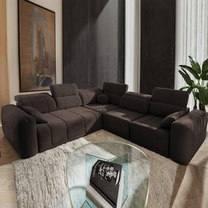 Narożnik z funkcją spania Cetara III brązowy prawostronny ergonomiczny narożnik z przesuwanym oparciem i regulowanymi zagłówkami