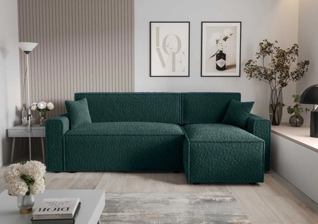 Narożnik z funkcją spania Brandon Bis turkusowy prawostronny miękka tkanina o charakterystycznej pętelkowej powierzchni pojemnik na pościel