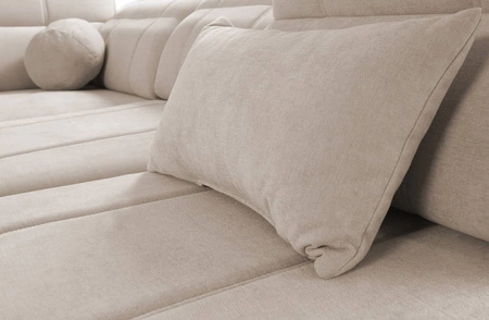 Narożnik z funkcją spania Cetara VI błękitny lewostronny komfortowy i stylowy narożnik rozkładany z przesuwanymi oparciami