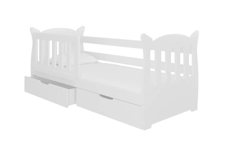 Łóżko Lena 75x160 cm białe komfortowe łóżko z materacem do pokoju dziecięcego wyposażone w barierkę ochronną i pojemne szuflady