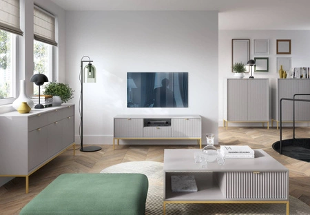 Komoda z szufladami Lovro 154 cm szara nowoczesny design zachwyci miłośników wyrazistych wnętrz złote metalowe dodatki