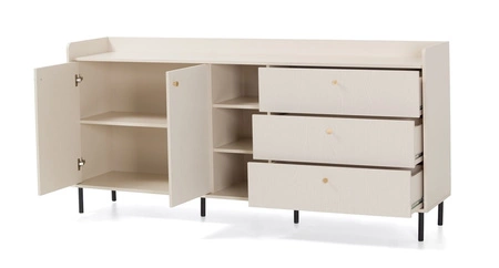 Zestaw mebli Ferdi beż piaskowy minimalistyczny design meblościanki do salonu złote uchwyty korpusy wysunięte ponad linię blatów