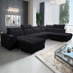 Narożnik z funkcją spania Luigi VI czarny lewostronny stylowy narożnik rozkładany z pojemnikami na pościel pokryty miękką tkaniną