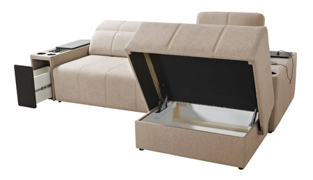 Narożnik z funkcją spania Tesalia szary popiel prawostronny nowoczesny design komfortowe przesuwane oparcie szuflada w boczku mebla