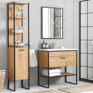 Zestaw mebli łazienkowych Brooklin dąb craft złoty nowoczesne szafki do łazienki o loftowym charakterze stabilna metalowa podstawa