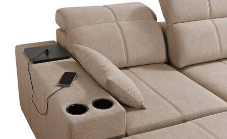 Narożnik z funkcją spania Tesalia VI niebieski lewostronny nowoczesny i komfortowy narożnik z funkcją przesuwanego oparcia