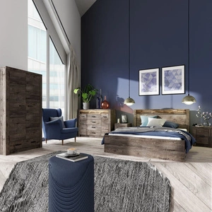 Zestaw mebli do sypialni Indiana jesion ciemny elegancka stylistyka mebli ozdobna deska na frontach oświetlona LED subtelne czarne uchwyty