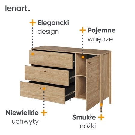 Komoda z szufladami Cozy 136 cm dąb olejowany klasyczny design komody do sypialni niewielkie uchwyty o ciekawym wykończeniu