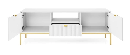 Szafka RTV Lovro 154 cm biała nowoczesny design zachwyci miłośników wyrazistych wnętrz złote metalowe dodatki