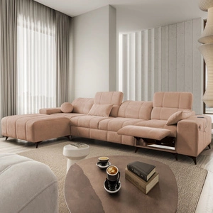 Narożnik z funkcją spania Penejos XII Lux łososiowy lewostronny stylowy narożnik rozkładany z komfortowym wysuwanym podnóżkiem