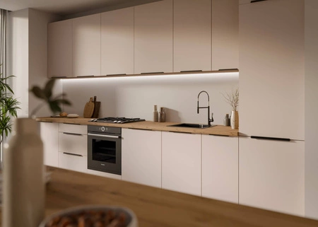 Zestaw mebli kuchennych Soela 390 cm doskonałe szafki kuchenne do nowoczesnych aranżacji subtelna i naturalna kolorystyka