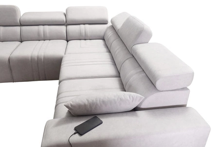 Narożnik z funkcją spania Castel III jasny brąz prawostronny narożnik z dwoma pojemnikami na pościel regulowane zagłówki