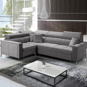 Narożnik z funkcją spania Nausa II szary lewostronny velvet dekoracyjne przeszycia na siedzisku narożnik z pojemnikiem na pościel