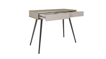 Konsola Luxury biała z szufladami stylowa i elegancka toaletka wsparta na wysokich czarnych nogach korpus zwieńczony złotą listwą