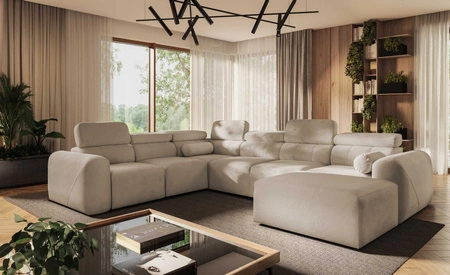 Narożnik z funkcją spania Cantare VIII beżowy prawostronny gustowny narożnik z regulowanymi zagłówkami pojemniki na pościel