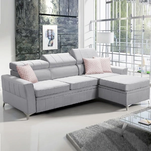 Narożnik z funkcją spania Rava szary popiel prawostronny velvet komfortowy i funkcjonalny narożnik z regulowanymi zagłówkami