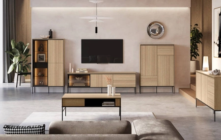 Komoda wysoka Visso 98 cm dąb linearny wyjątkowy subtelny design doskonała komoda do salonu sypialni lub biura system push to open