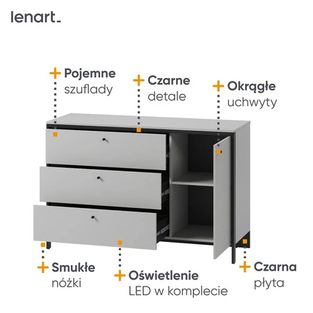 Komoda z szufladami Gris 136 cm szary / czarny funkcjonalna i pojemna komoda z klimatycznym oświetleniem LED idealna do sypialni