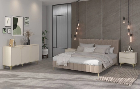 Komoda Kioto I 125 cm beżowa minimalistyczna forma idealna komoda do sypialni salonu lub pokoju młodzieżowego złote dodatki