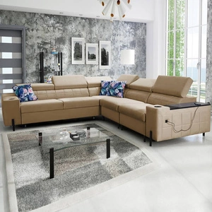 Narożnik z funkcją spania Belvi IV ciemny beżowy prawostronny elegancki narożnik rozkładany do salonu praktyczny schowek w boczku