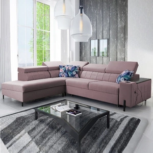 Narożnik z funkcją spania Belvi III wrzosowy lewostronny komfortowy i elegancki narożnik do salonu z praktycznym schowkiem w boczku