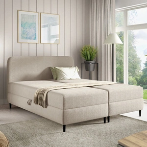 Łóżko kontynentalne Aberg 140x200 beżowe nowoczesny minimalizm stylowe łózko do sypialni wysoki zagłówek o zaokrąglonych rogach