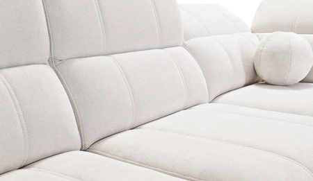 Narożnik z funkcją spania Penejos XII łososiowy lewostronny stylowy narożnik z pojemnikami na pościel komfortowe regulowane zagłówki