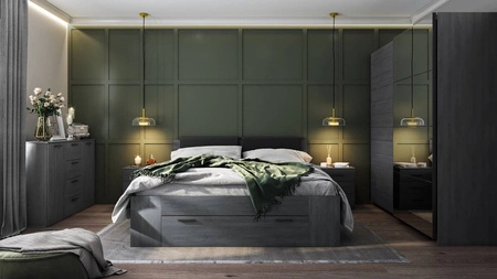 Łóżko z szufladą Galaxy 180x200 cm dąb carbon to idealne łóżko do sypialni z częściowo tapicerowanym zagłówkiem