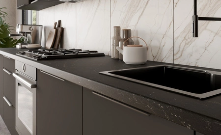 Zestaw mebli kuchennych Aversa Bl 390 cm stylowe szafki kuchenne z frontami wykonanymi w technologii anti fingerprint metalowe uchwyty