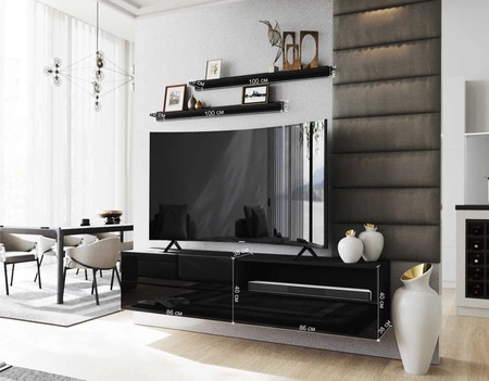Szafka RTV wisząca Neo 172 cm czarna / czarny połysk z półkami stylowy design szafki pod telewizor z frontami na wysoki połysk